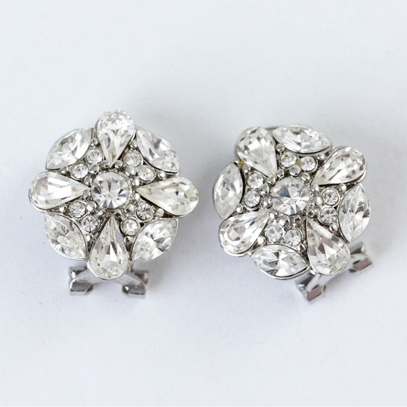 Unique dressy sparkly clear stone cluster clip on earrings with silver - Picture 3 of 15